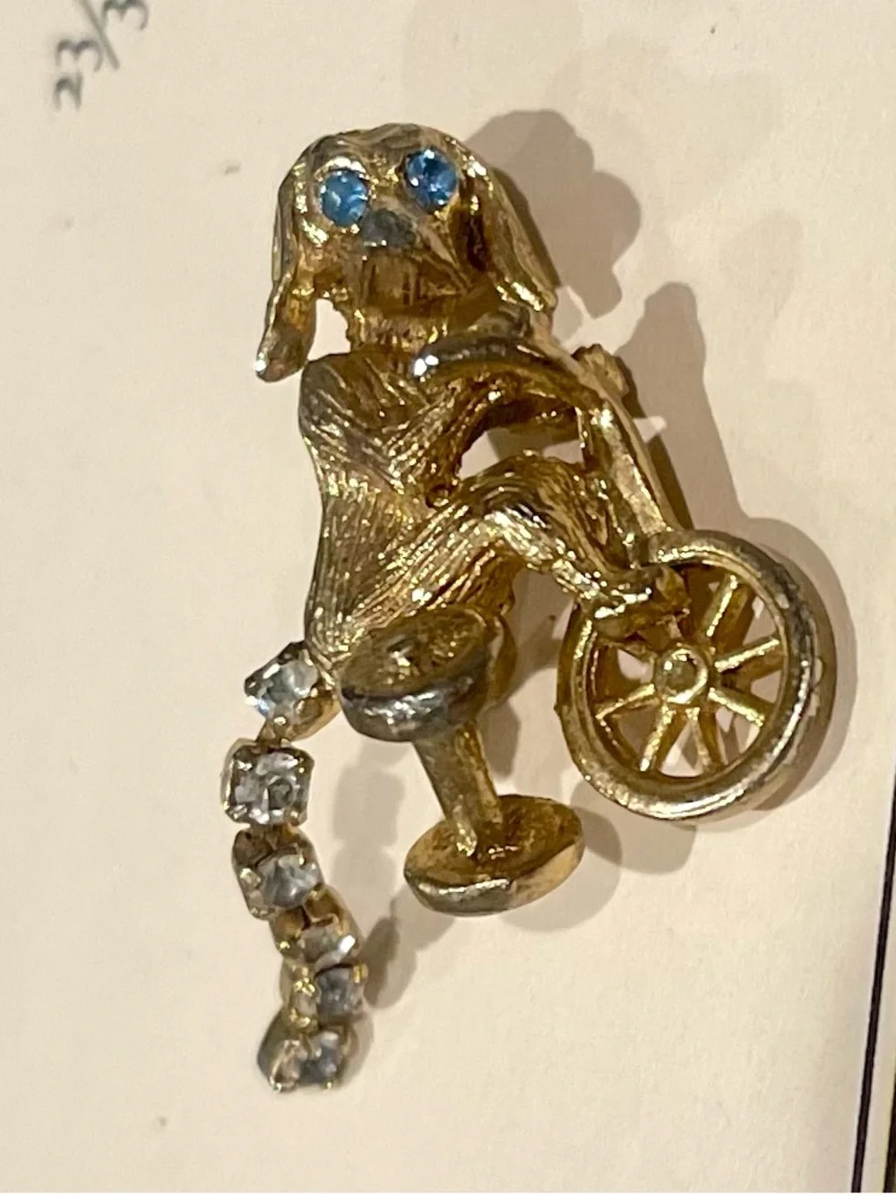 Frank Gargano Rare Puppy on Tricycle Brooch w/ Blue Topaz Eyes & Rhinestone Tail